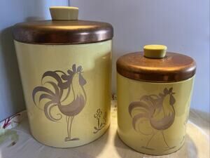 2 Ransburg Mid Century Kitchen Metal Canisters Tins w Roosters Yellow Gold